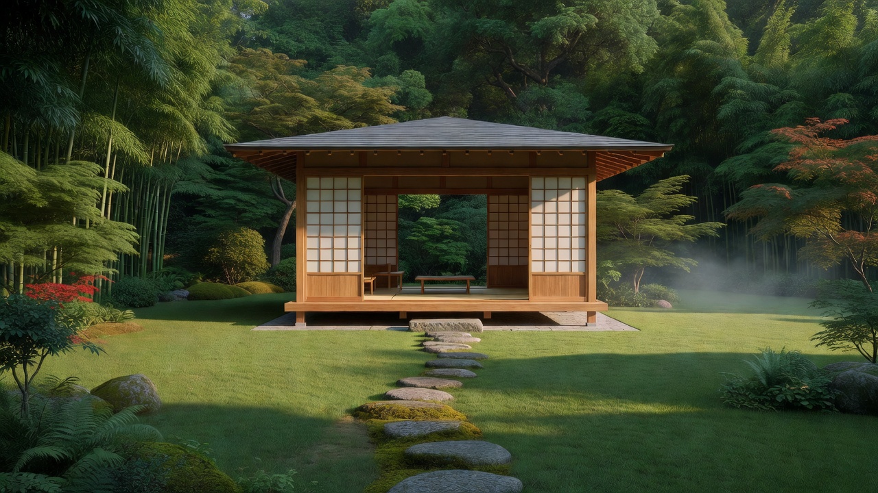 屋外の茶室と庭園